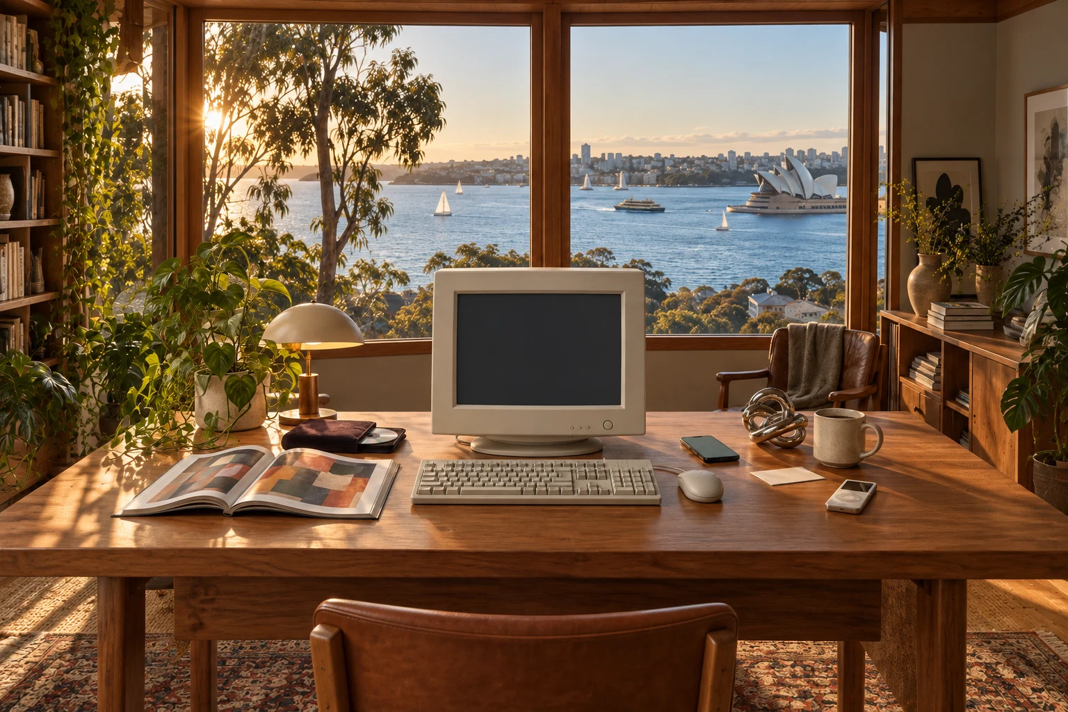 A sunlit creative studio overlooking Sydney Harbour, with a retro monitor and design objects on the desk
