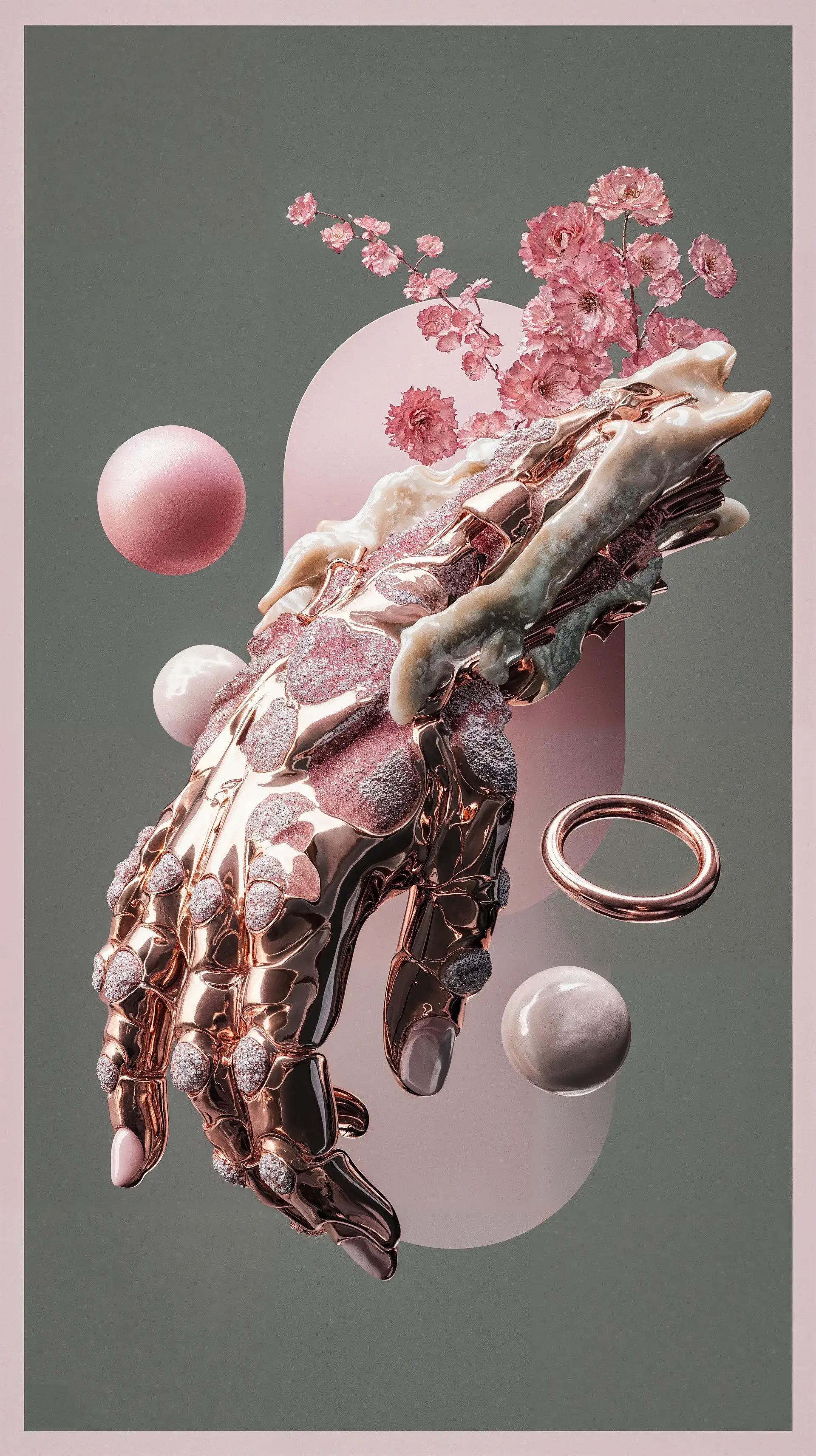Pink organic sculpture with flowers, floating spheres and a dragonfly