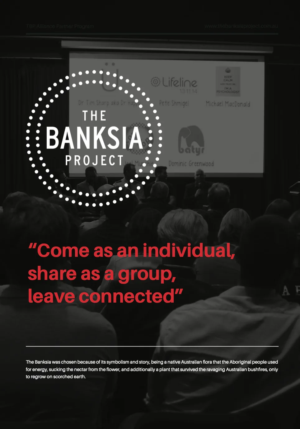 The Banksia Project introduction with a circular white wordmark and coral statement on a dark background