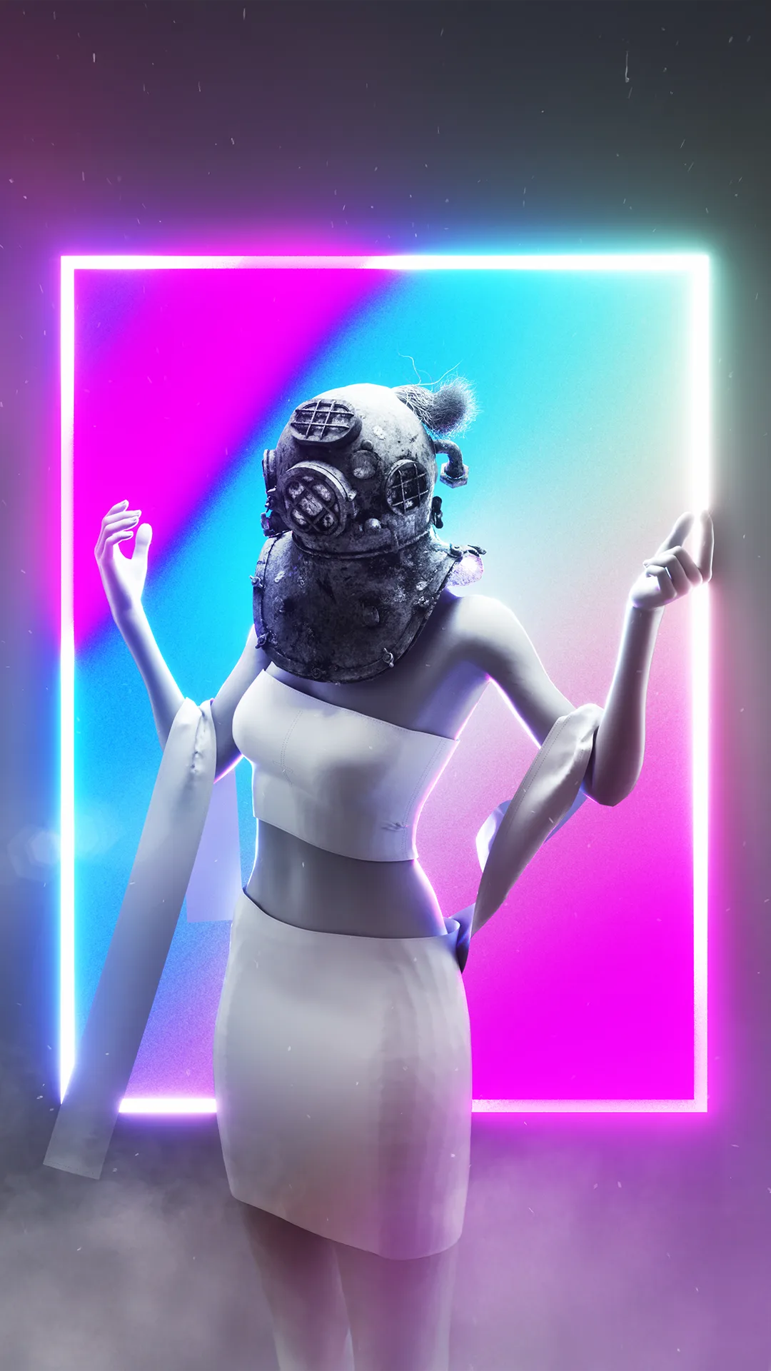 A sculptural figure framed by glowing pink and blue neon against a dark background