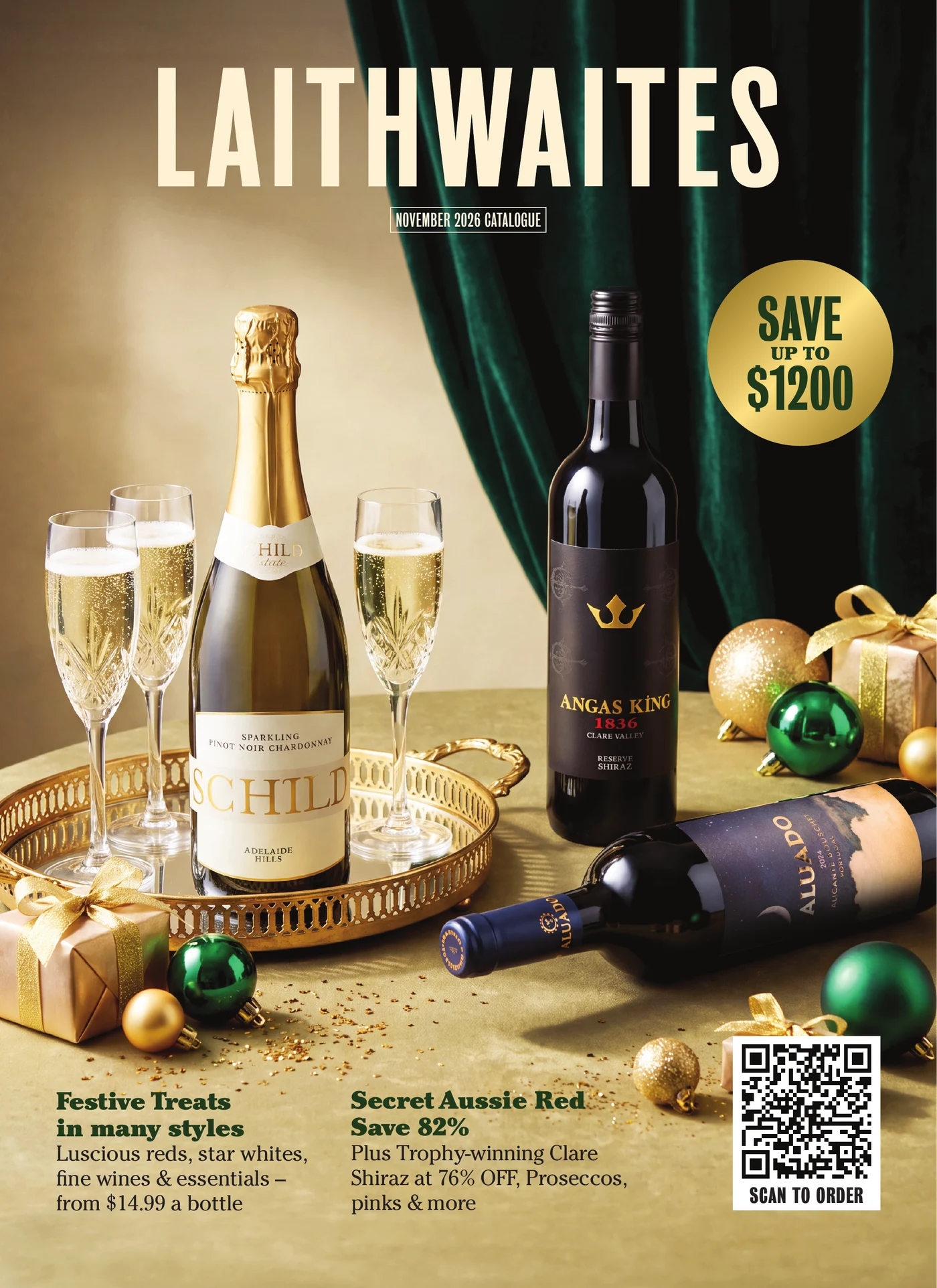 Laithwaites Christmas catalogue cover with champagne, red wine and gold and green decorations