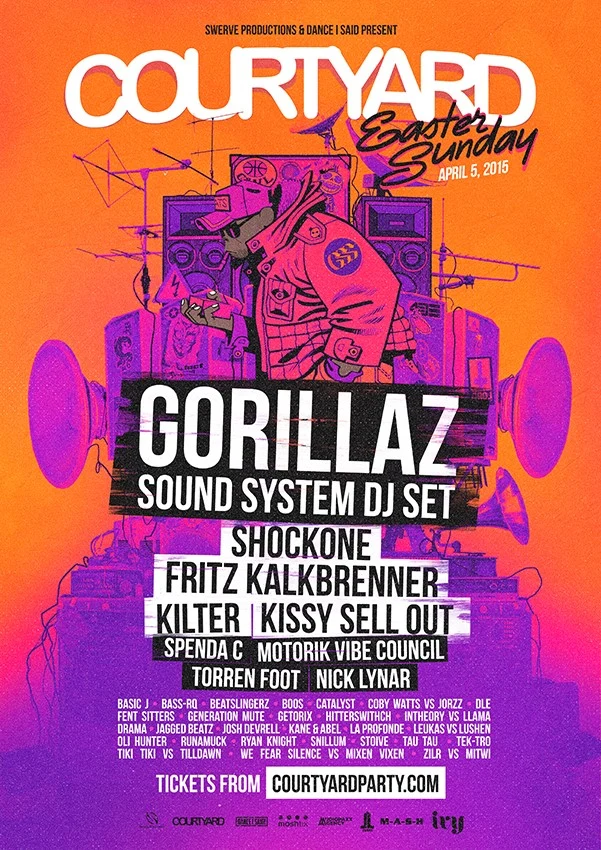 Orange and magenta Courtyard Party poster featuring Gorillaz Sound System, illustrated speakers and bold lineup typography