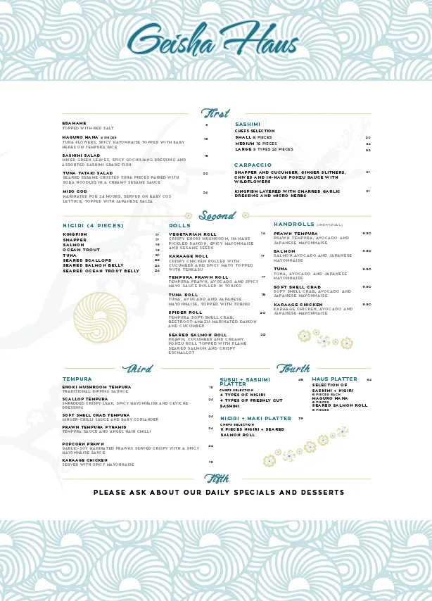 Geisha Haus menu with pale teal patterns and carefully arranged food selections