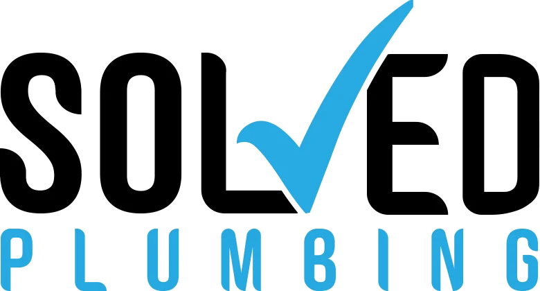 Solved Plumbing wordmark with a blue tick integrated into the lettering