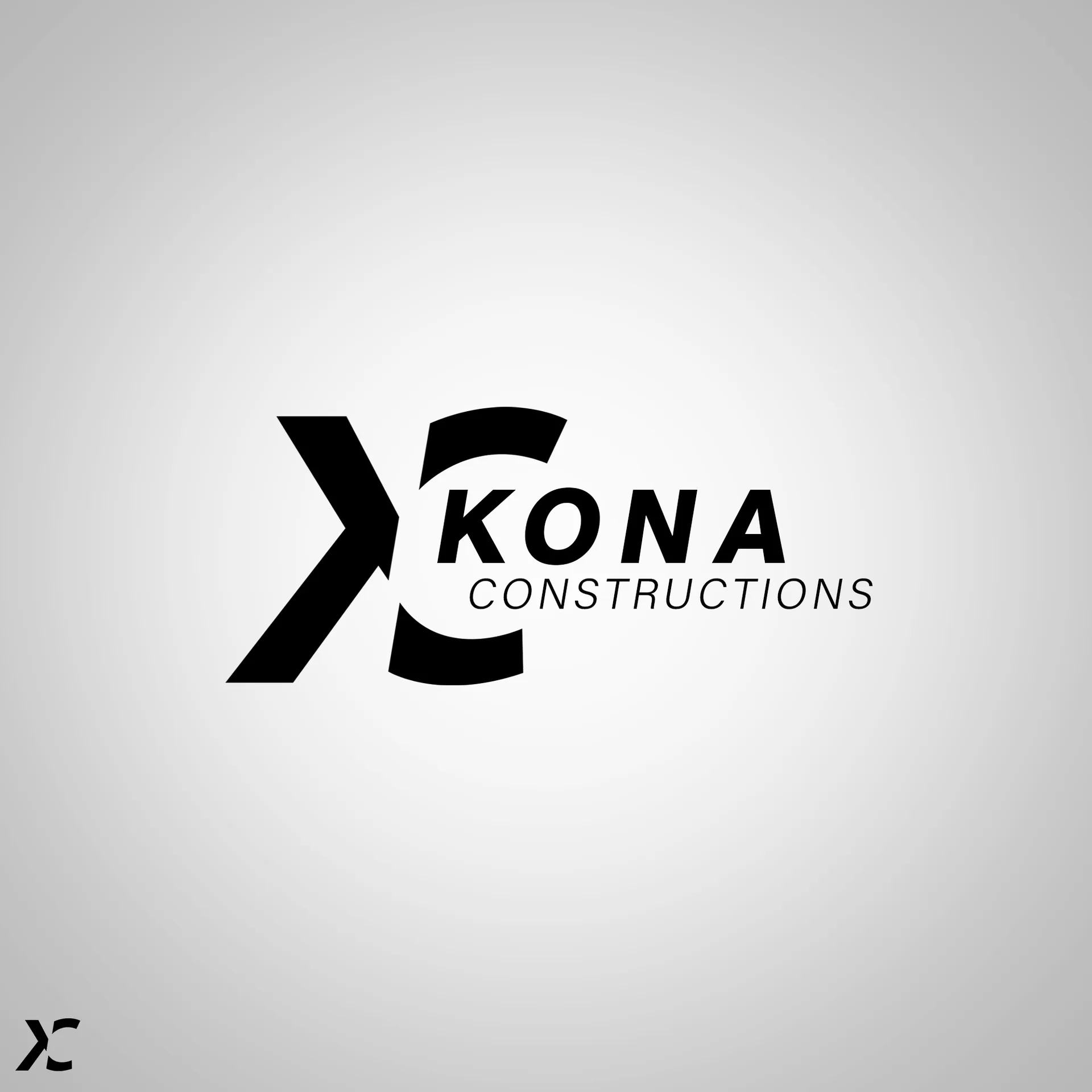 Black Kona Constructions symbol and wordmark on a light grey background
