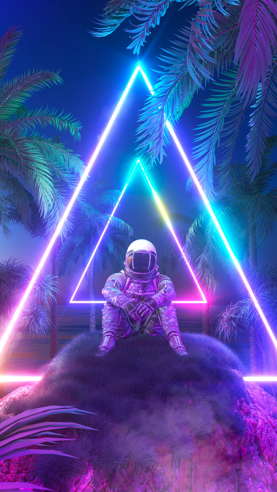 Meditating figure surrounded by glowing neon triangles in a tropical night scene
