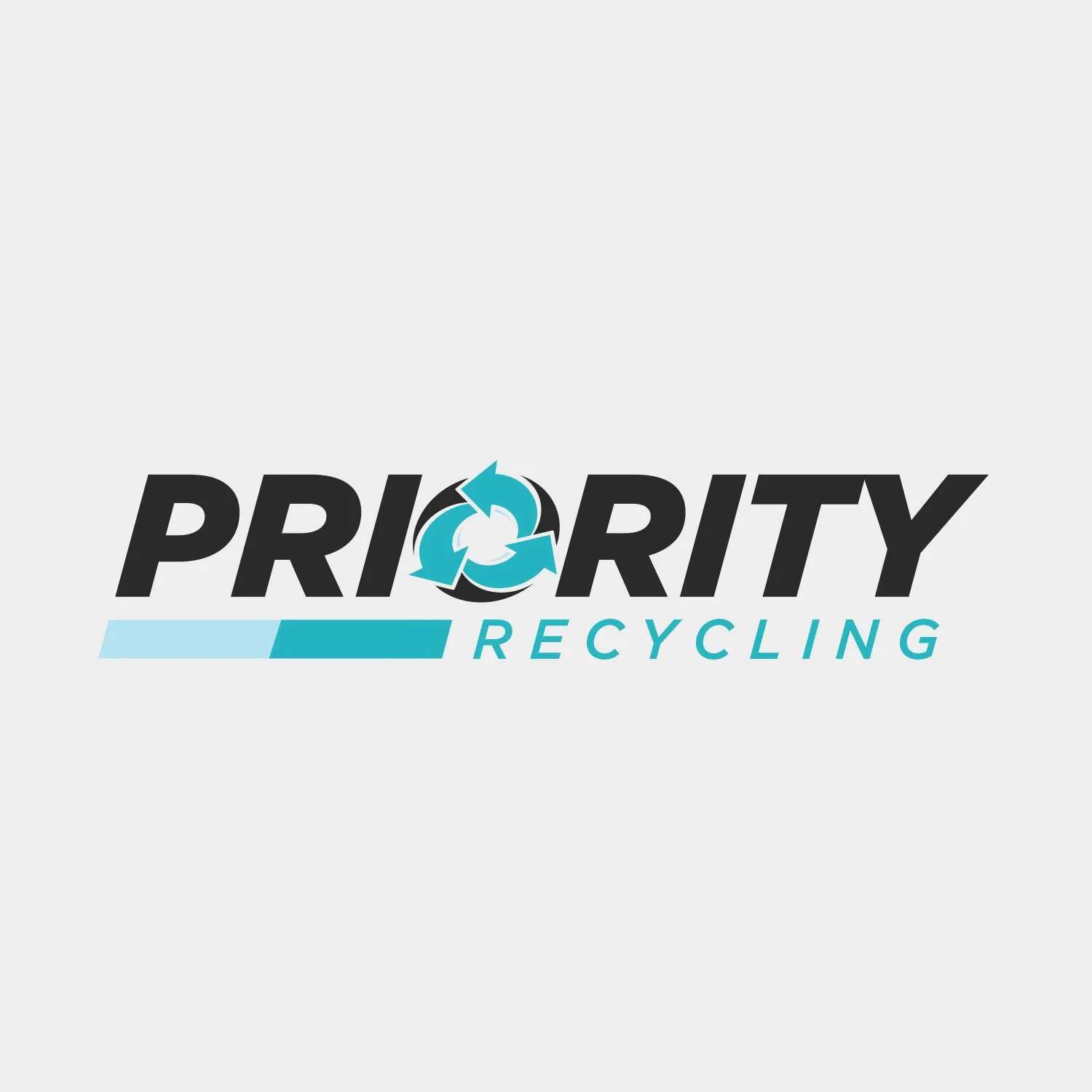 Priority Recycling wordmark in black and teal with a recycling motif