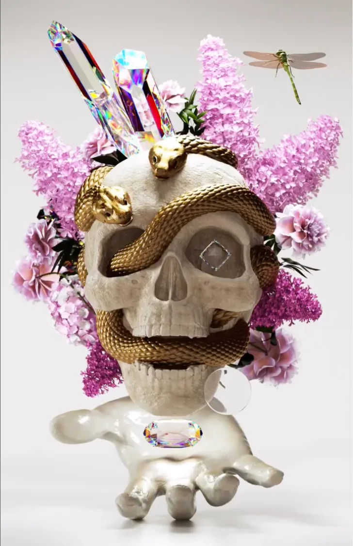 A sculptural skull surrounded by pink blossoms, floating objects and a dragonfly