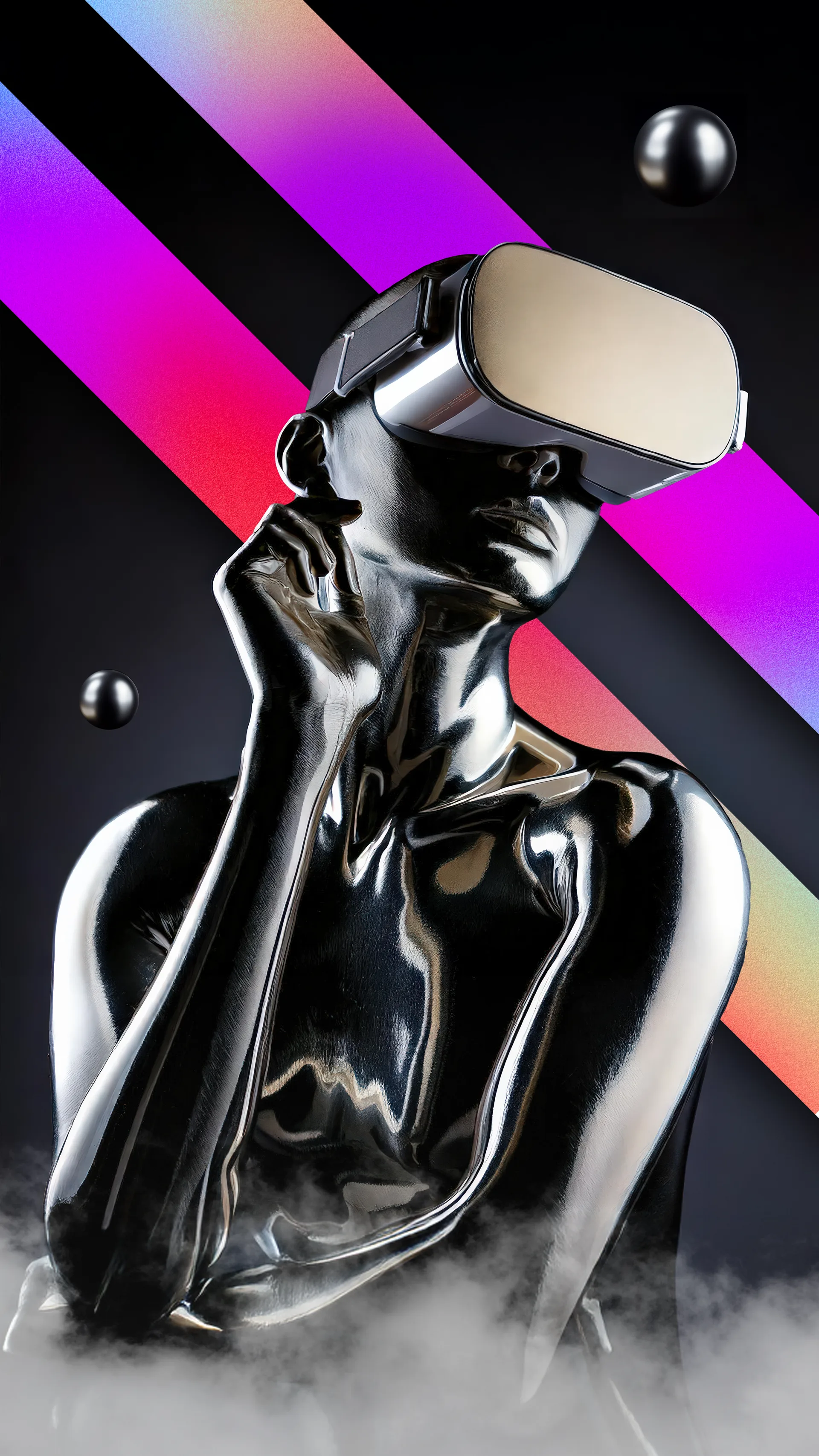 Reflective chrome figure wearing a virtual reality headset against violet and magenta geometric forms